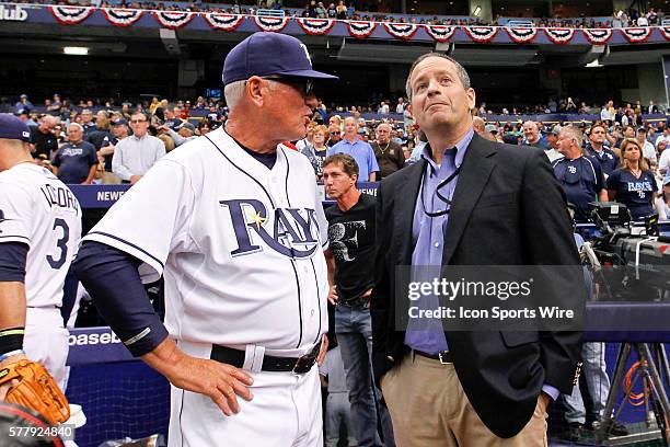 Tampa Bay Rays manager Joe Maddon and Tampa Bay Rays Principal Owner Stuart Sternberg talk before the MLB regular season game between the Toronto...