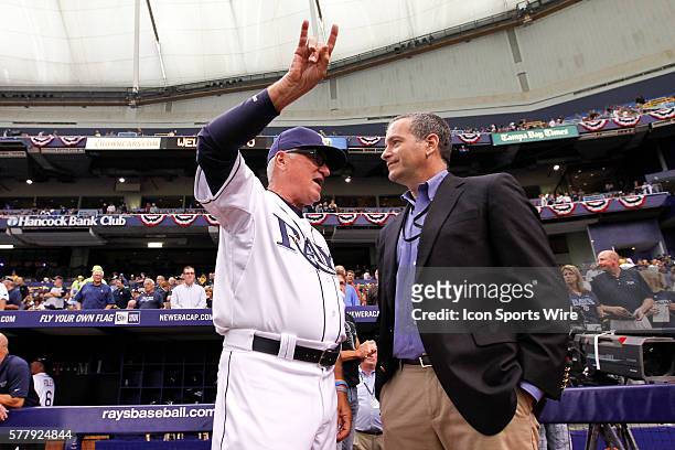 Tampa Bay Rays manager Joe Maddon and Tampa Bay Rays Principal Owner Stuart Sternberg talk before the MLB regular season game between the Toronto...