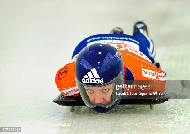 Donna Creighton sliding for Great Britain, finishes 6th for the day at the Viessmann FIBT Skeleton World Cup Championships in Lake Placid, New York,...