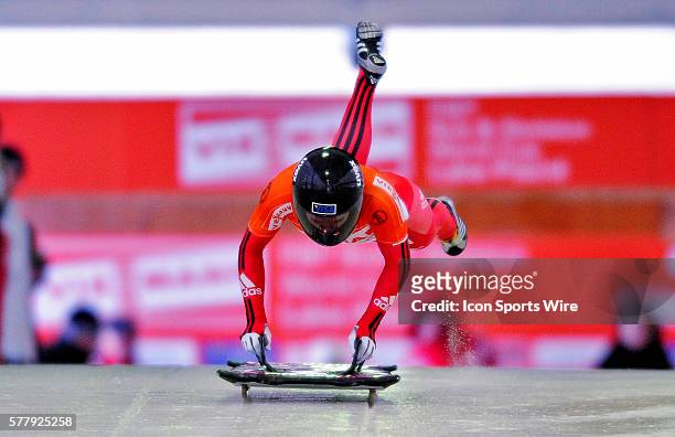Sarah Reid slides for Canada, finishing 13th for the day at the Viessmann FIBT Skeleton World Cup Championships in Lake Placid, New York, USA.