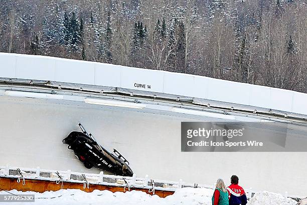 Shauna Rohbock slides out of control during her second run in her 2-man bobsled for the USA, at the Viessmann FIBT World Cup Bobsled Championships on...
