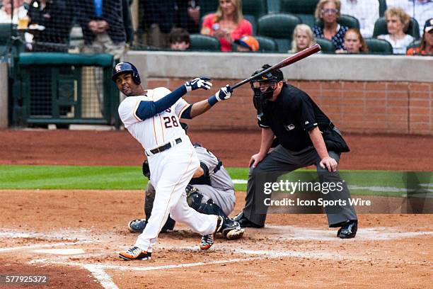 Houston Astros right fielder L.J. Hoes reacting after hitting his first home run of the season opener against New York Yankees starting pitcher CC...