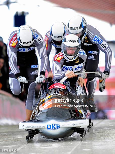 Manuel Machata leads his 4-Man Bobsled team in the push-off, taking 6th place for Germany at the Viessmann FIBT World Cup Championships on Mount Van...