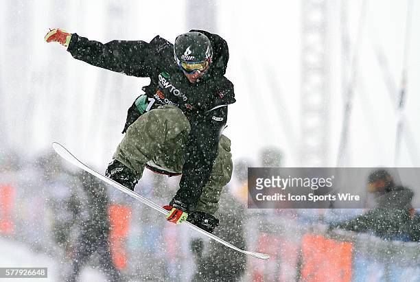 Luke Mitrani of Mammoth Lakes, Ca. Takes a practice run before the Snowboard Superpipe Finals during the Nike 6.0 Open stop of the Winter Dew Tour at...