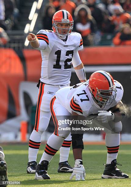 Cleveland Browns quarterback Colt McCoy and Floyd Womack against the Cincinnati Bengals' during their NFL game at Paul Brown Stadium in Cincinnati,...