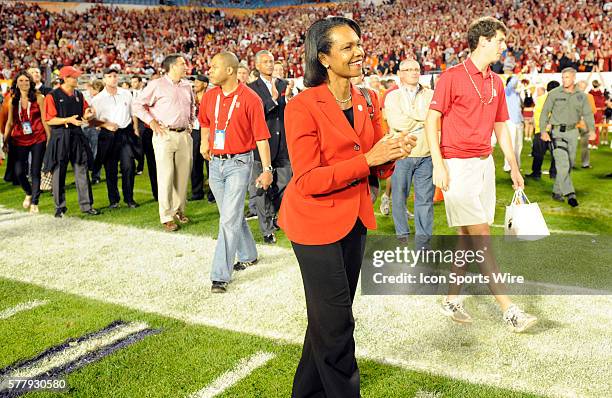 Stanford faculty member Condoleezza Rice celebrates after the end of the Discover Orange Bowl game between Stanford Cardinal and the Virginia Tech...