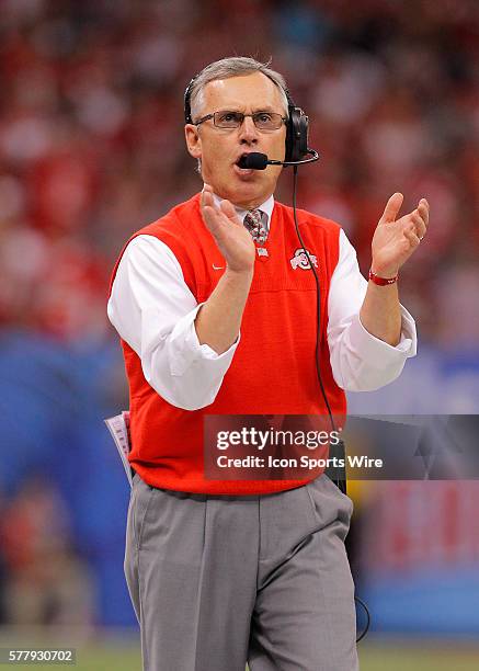 Ohio State Buckeyes head coach Jim Tressel in the Ohio State Buckeyes 31-26 victory over the Arkansas Razorbacks in the Allstate Sugar Bowl at the...