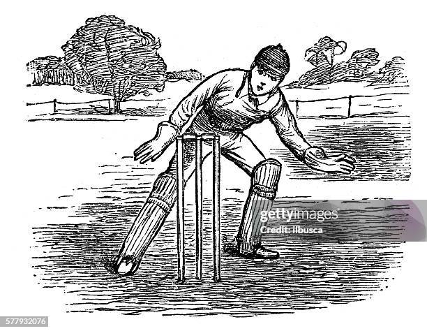 antike illustration von sport und übungen: cricket - cricket player white background stock-grafiken, -clipart, -cartoons und -symbole