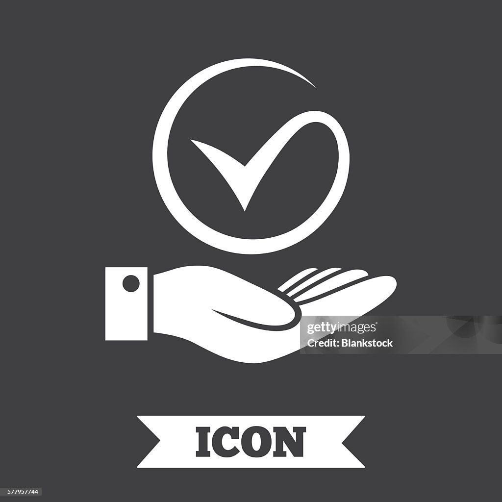 Tick And Hand Sign Palm Holds Check Mark Symbol High-Res Vector Graphic ...