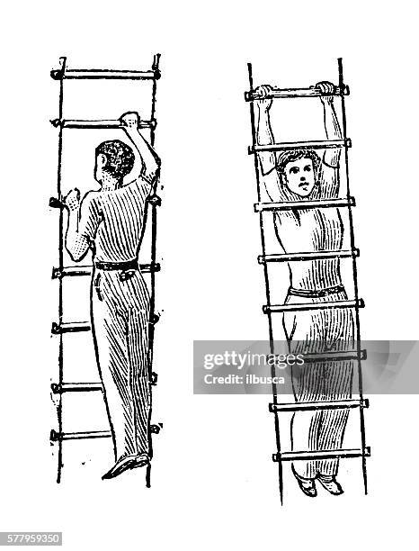 ilustraciones, imágenes clip art, dibujos animados e iconos de stock de ilustración antigua de deportes y ejercicios: escalera artística de cuerda gimnástica - gimnasia artistica