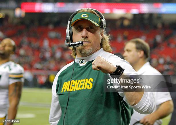 Green Bay Packers linebackers coach Kevin Greene in the Green Bay Packers 48-21 victory over the Atlanta Falcons in the NFC Divisional playoff at the...