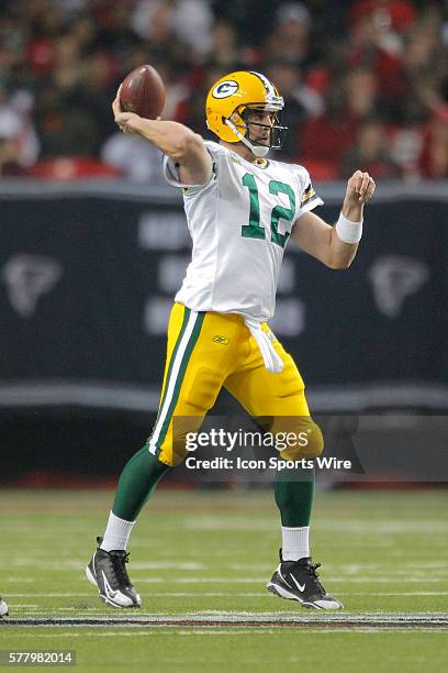 Green Bay Packers quarterback Aaron Rodgers drops back to pass in the Green Bay Packers 48-21 victory over the Atlanta Falcons in the NFC Divisional...