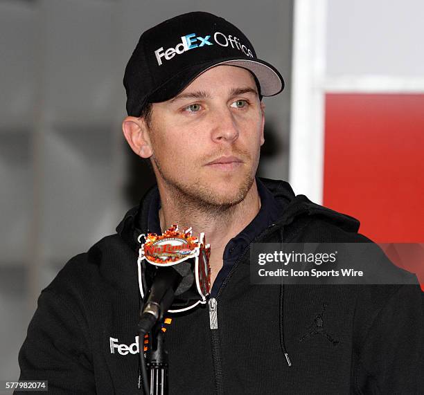 Denny Hamlin participates in a March of Dimes press conference before the NASCAR Sprint Cup Series Duck Commander 500 at Texas Motor Speedway in Ft....