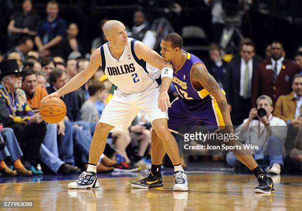 Dallas Mavericks point guard Jason Kidd is guarded by Los Angeles Lakers point guard Shannon Brown in an NBA game between the Los Angeles Lakers and...