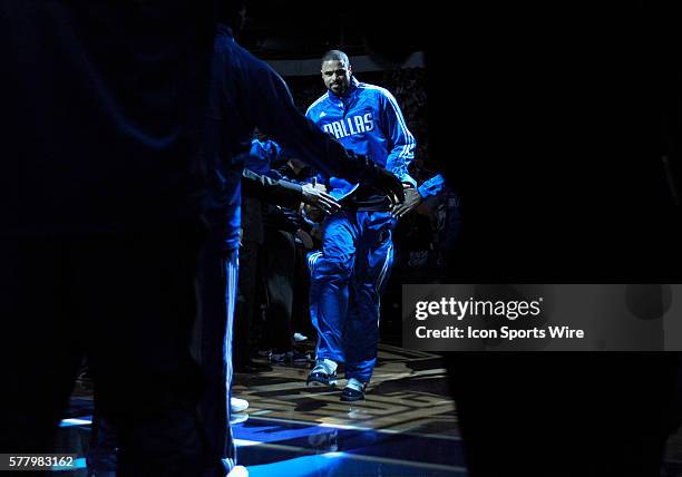 Dallas Mavericks center Tyson Chandler is introduced into the starting lineup before an NBA game between the Los Angeles Lakers and the Dallas...