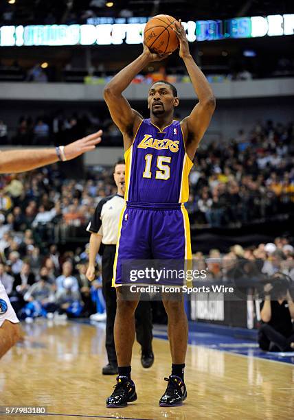 Los Angeles Lakers small forward Ron Artest in an NBA game between the Los Angeles Lakers and the Dallas Mavericks at the American Airlines Center in...