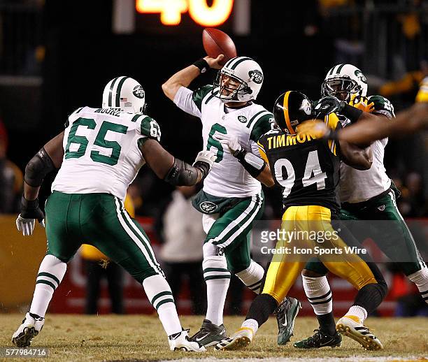 New York Jets quarterback Mark Sanchez passes the ball in the first half of the AFC Championship game at Heinz Field on January 23, 2011 in...