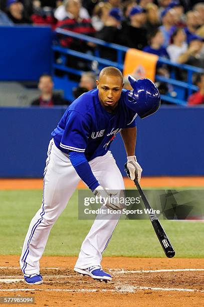 Toronto Blue Jays outfielder Moises Sierra loses his helmet after popping up in the bottom of the seventh inning. The New York Yankees defeated the...