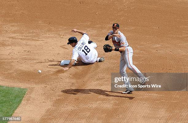 Sunday, April 6, 2014: Baltimore Orioles shortstop Ryan Flaherty, right, tries to turn a double play in the sixth inning as Detroit Tiger baserunner...