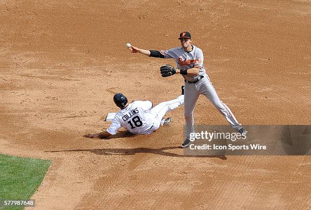 Sunday, April 6, 2014: Baltimore Orioles shortstop Ryan Flaherty, right, tries to turn a double play in the sixth inning as Detroit Tiger baserunner...