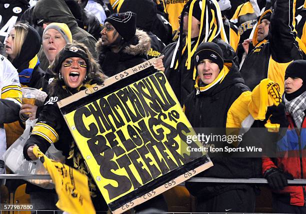 Pittsburgh Steelers fans brave the cold at one of the coldest game on record holds up Championship belongs to Steelers sighn during the New York Jets...