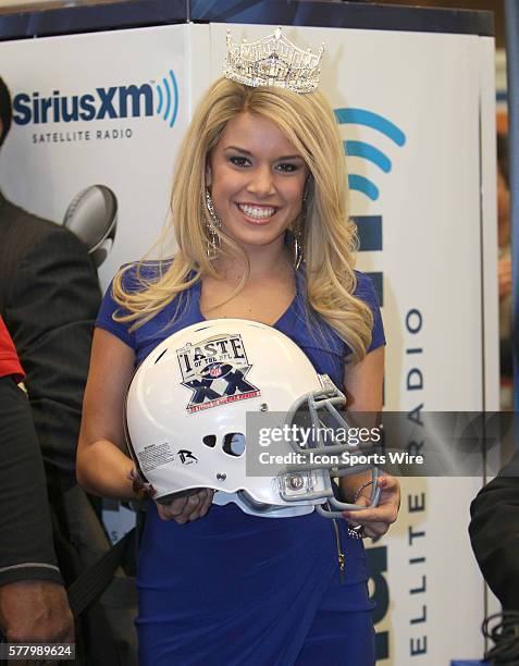 Miss America, Teresa Scanlan is seen on radio row during Super Bowl XLV at the Sheraton Dallas - Motorola Super Bowl XLV Media Center, in Dallas,...