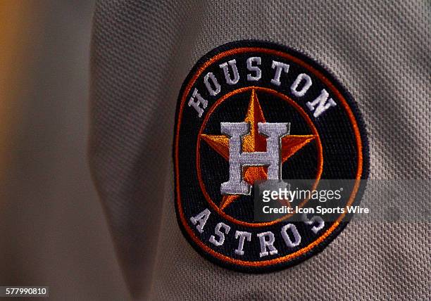 Houston Astros logo during a regular season MLB game between the Houston Astros and Texas Rangers at Globe Life Park in Arlington, Texas.
