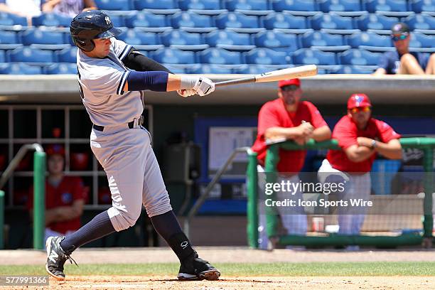 Dante Bichette Jr. Of the Yankees at bat during the Florida State League game between the Tampa Yankees and the Clearwater Threshers at Bright House...