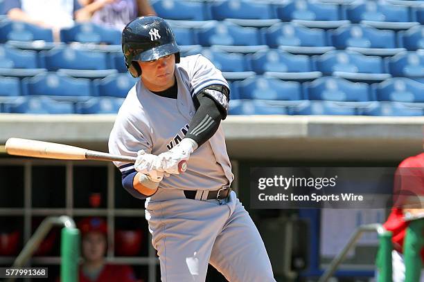 Dante Bichette Jr. Of the Yankees at bat during the Florida State League game between the Tampa Yankees and the Clearwater Threshers at Bright House...