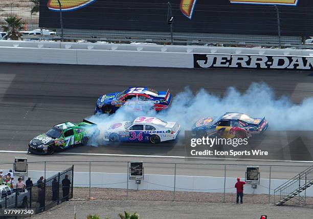 Andy Lally Richard Petty Motorsports Ford Fusion as he spins out, David Gilliland Bill Jenkins Ford Fusion, Casey Mears, and Kasey Kahne Red Bull...