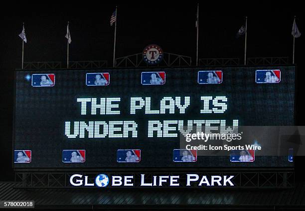 Instant replay review during the MLB baseball game between the Texas Rangers and Seattle Mariners at the Globe Life Park in Arlington, TX. Manager...