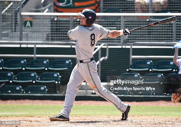 University of Pittsburgh infielder Eric Hess at bat against the University of Miami at Alex Rodriguez Park at Mark Light Field, Coral Gables,...