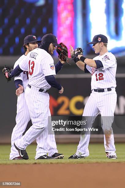 April 17, 2014 Minnesota Twins outfielder Jason Kubel , outfielder Chris Herrmann and Darin Mastroianni celebrate after winning the game at the...