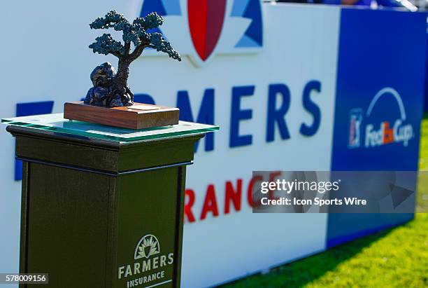 The trophy sits at the 1st tee box on the Torrey Pines Golf Course during the final round of the Farmers Insurance Open in San Diego, Ca.