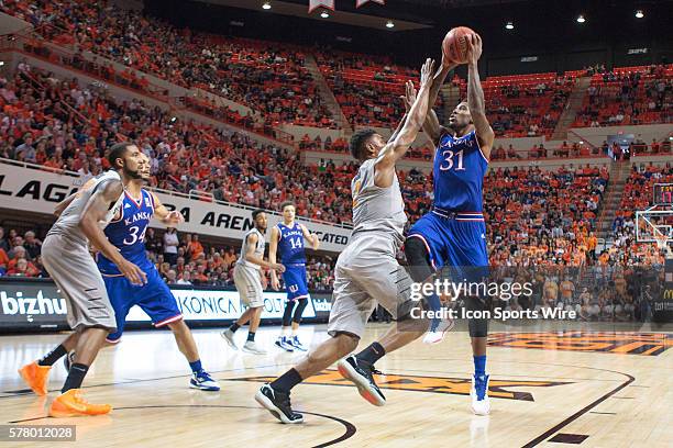 Kansas Jayhawks forward Jamari Traylor during the NCAA Big 12 Mens Basketball game between the Kansas Jayhawks and the Oklahoma State Cowboys at...