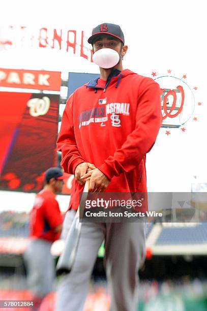 St. Louis Cardinals third baseman Matt Carpenter blows a bubble at Nationals Park in Washington, D.C. Where the Washington Nationals defeated the St....