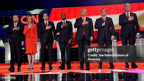 Las Vegas, NV, December 15, Republican Presidential Candidates John Kasich, Carly Fiorina, Sen. Marco Rubio, Ben Carson, Donald Trump, Sen. Ted Cruz,...