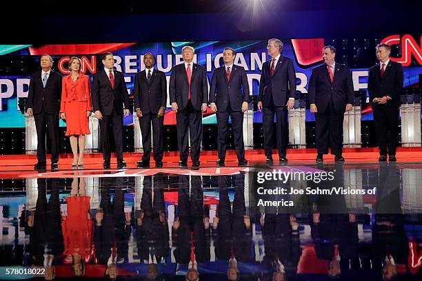 Las Vegas, NV, December 15, Republican Presidential Candidates John Kasich, Carly Fiorina, Sen. Marco Rubio, Ben Carson, Donald Trump, Sen. Ted Cruz,...
