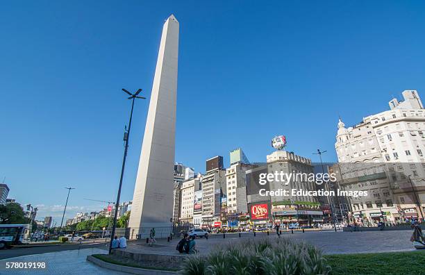 Buenos Aires Argentina 9 de Julio Avenue the widest street in the world with traffic at Corrientes Street with Obelisco and billboards.