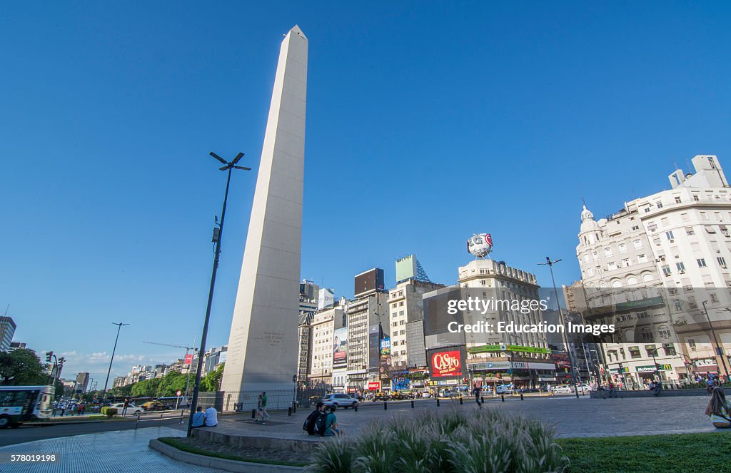 Buenos Aires Argentina 9 de Julio Avenue with traffic with Obelisco and billboards