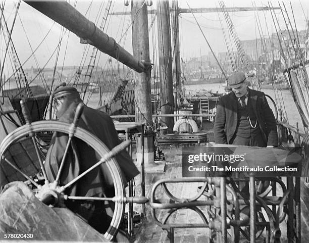 People looking around the deck of the ship Success at Liverpool harbour. Although never an Australian convict ship, Success was billed as one by a...