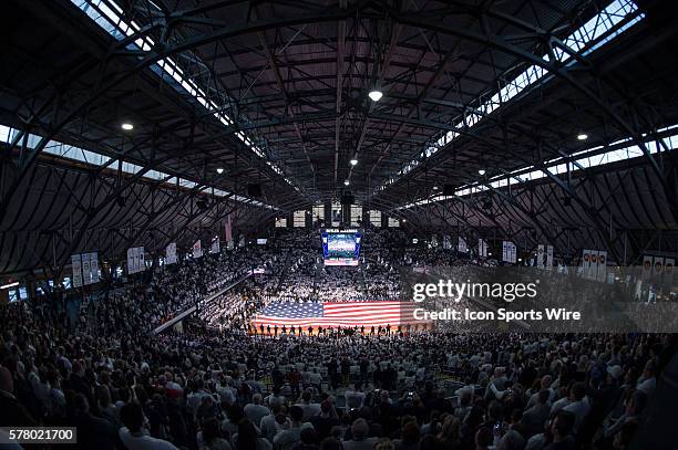 American flag before the NCAA basketball game between the Butler Bulldogs and Villanova Wildcats at Hinkle Fieldhouse in Indianapolis, IN.