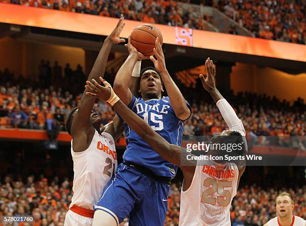 Duke Blue Devils center Jahlil Okafor in action during ncaa basketball game between Duke Blue Devils and Syracuse Orange at the Carrier Dome in...