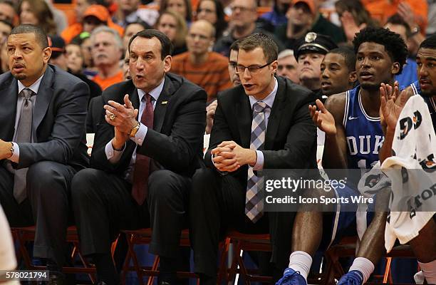 Duke Blue Devils head coach Mike Krzyzewski looks on during ncaa basketball game between Duke Blue Devils and Syracuse Orange at the Carrier Dome in...