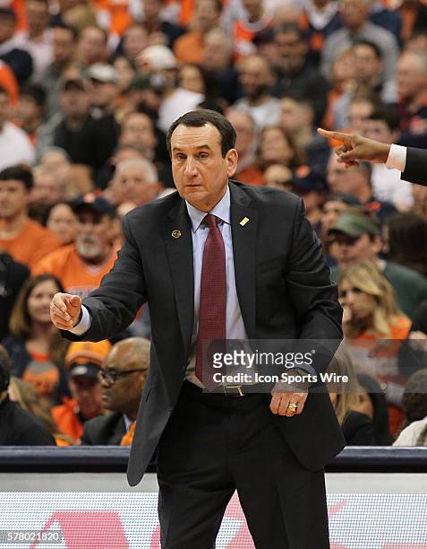 Duke Blue Devils head coach Mike Krzyzewski in action during ncaa basketball game between Duke Blue Devils and Syracuse Orange at the Carrier Dome in...