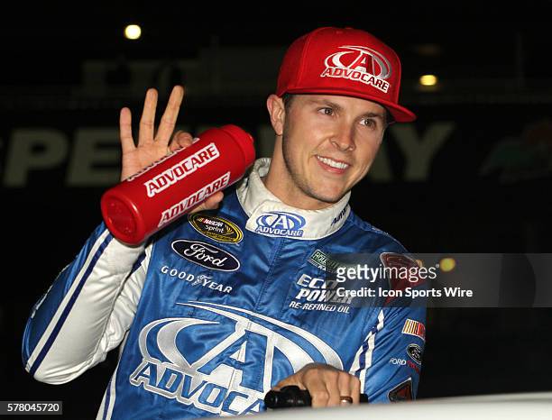 Trevor Bayne during driver introductions before the running of the NASCAR Sprint Cup Series Budweiser Duel at Daytona International Speedway in...