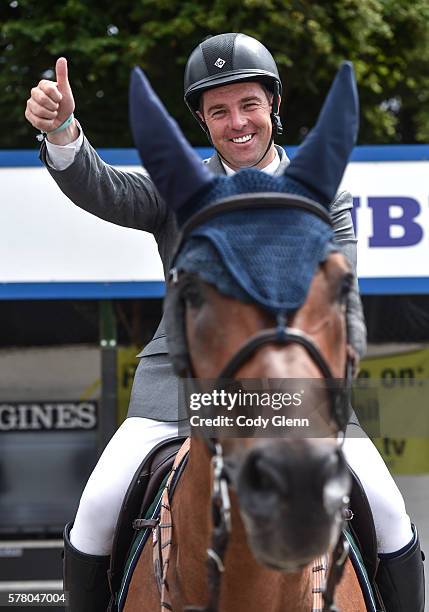 Dublin , Ireland - 20 July 2016; Cian O'Connor, Ireland, after winning the Speed Stakes on Aramis 573 at the Dublin Horse Show in the RDS,...