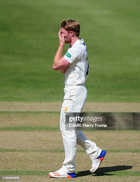 Liam Norwell of Gloucestershire reacts during Day One of the Specsavers County Championship Division Two match between Gloucestershire and...