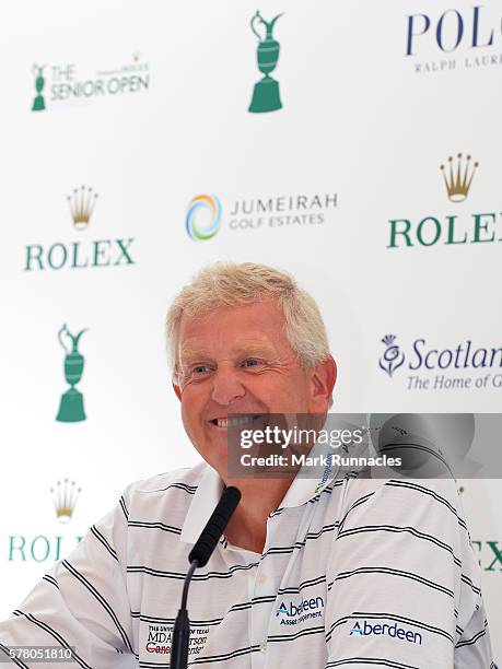 Colin Montgomerie of Scotland talks to the media during The Senior Open Championship Previews at Carnoustie Golf Club on July 20, 2016 in Carnoustie,...