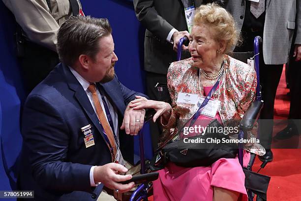 Phyllis Schlafly, president of the Eagle Forum, greets supporters on the floor during the second day of the Republican National Convention at the...